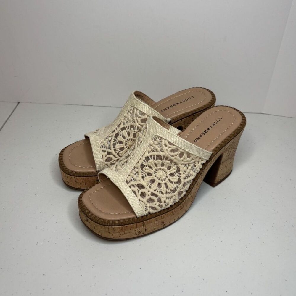 Lucky Brand Women's Talvy Macrame Platform Sandals Slides Cork Lace Womens
